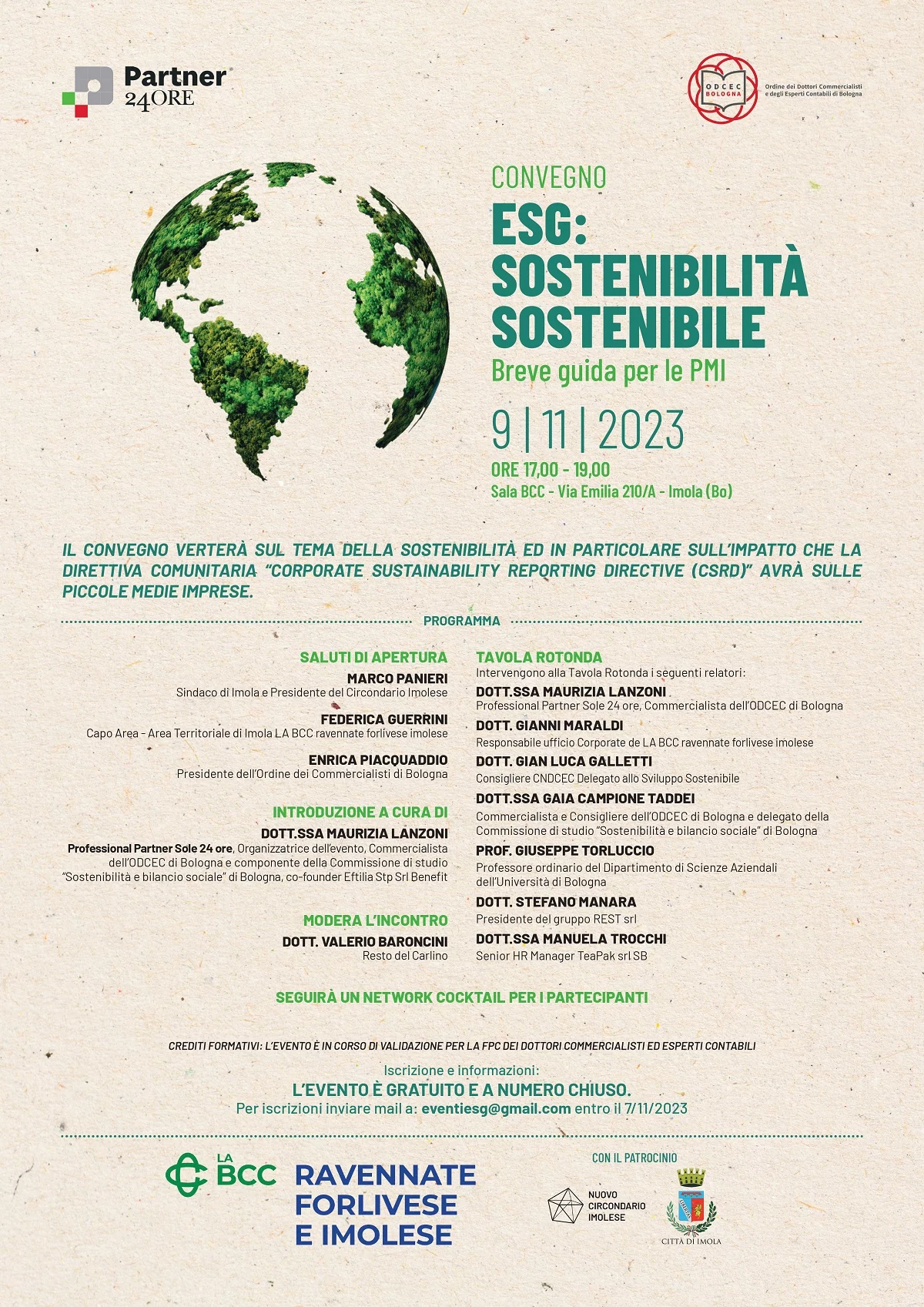 Il 9 novembre convegno sulla Sostenibilità per le PMI alla sala BCC di Imola